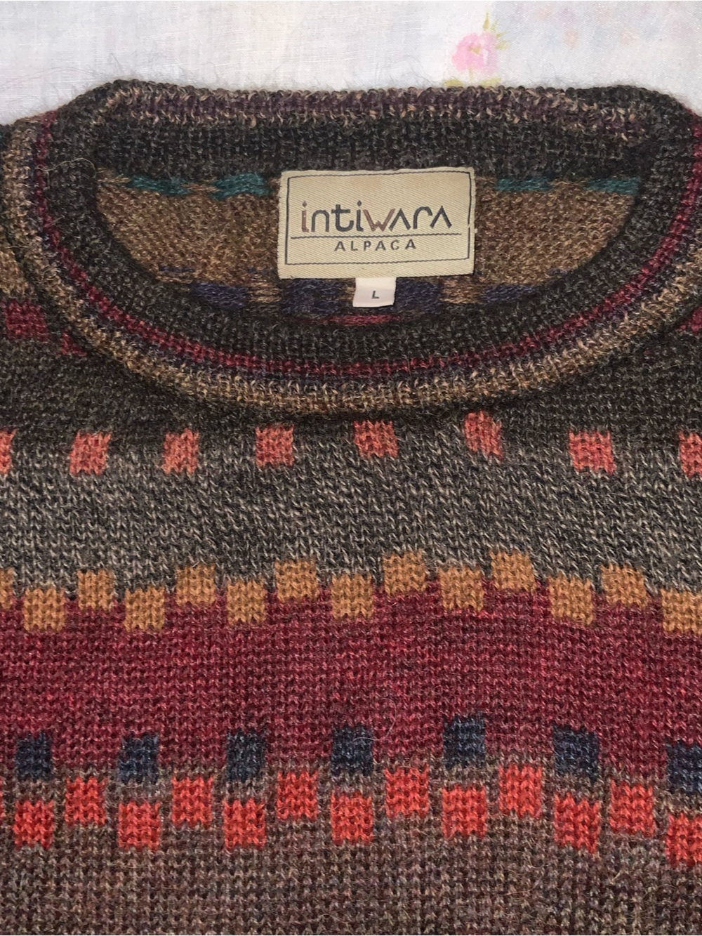 intiwara alpaca knit crewneck sweater soft non ichy colourful 100% wool L - Picture 2 of 9